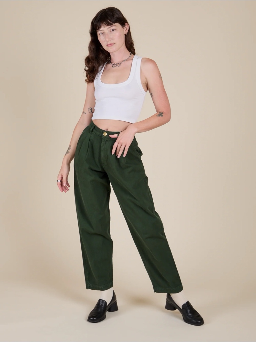 Big Bud Press Women's Cotton Trousers Pleated Sz XXS Forest Green Elastic Waist - Picture 2 of 7